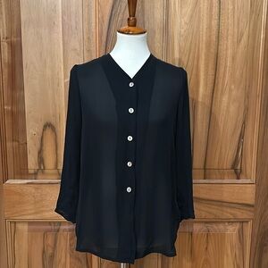 Valerie Stevens Petites - Pure Silk Sheer Black Blouse - Shell Buttons - PS, EUC